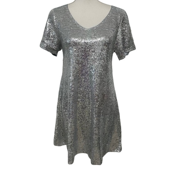Anna-Kaci Sequin Shift Flared Tunic Mini Dress Silver SZ Large 60’s Inspired NWT - Picture 4 of 9